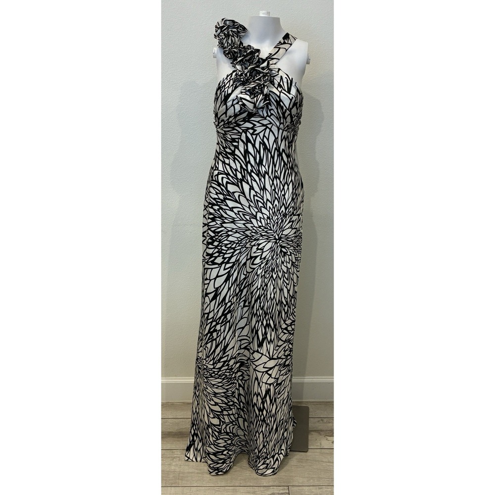Vintage Betsyβ & Adam Y2K Black White Floral Maxi Gown Size 10 Ruffle Prom Glam